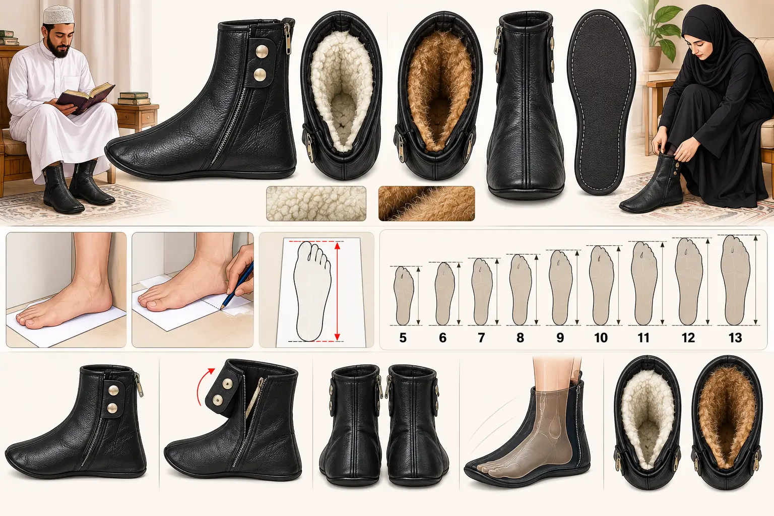Leather Khuff and Khuffain foot measurement and sizing guide showing fleece-lined and fur-lined options, how to measure foot length, sizes 5 to 13, and guidance for choosing the usual shoe size.